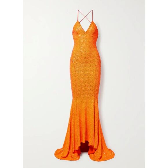 Norma Kamali Sequin Low Back Slip Mermaid Fishtail Gown Neon Orange Size XS NWT - Picture 1 of 10